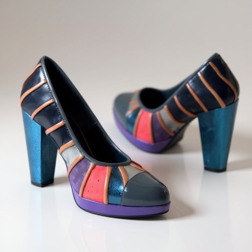 Kron by Kronkron 100% Leather & Silk Multicolored Chunky Platform Heels sz 36